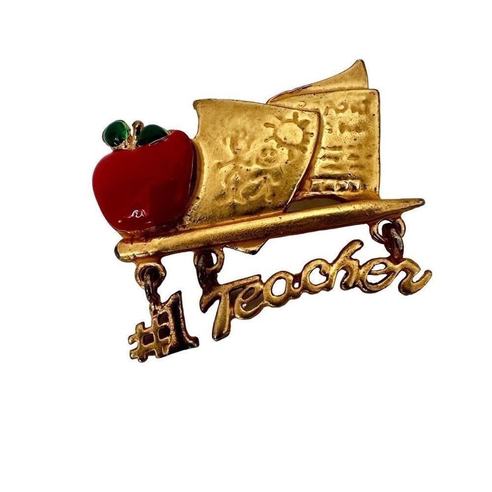 OAJC vintage teacher red apple gold tone brooch
